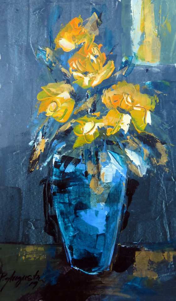 'Blue Vase with Yellow Roses' by Peter Augustin