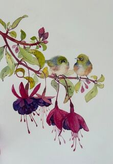 'Two Silvereye with Fuchsia' by Eliza Xu (SOLD)